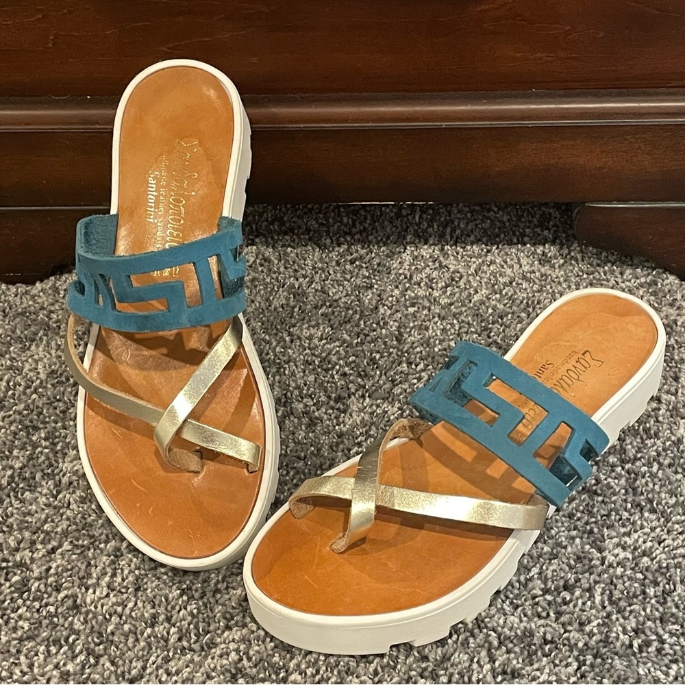 Santorini Handmade Leather Blue and Gold Sandals Size EU 39/US 8.5